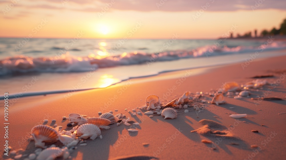 Reflective Sunset Mood: Ocean Pebbles and Seashell Silhouette Reflective Sunset Mood: Ocean Pebbles and Seashell Silhouette