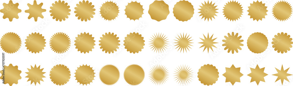 Gold starburst set, sticker shapes, sale or price tag or quality mark design, retro discount badge, sunray promotional clip art element collection