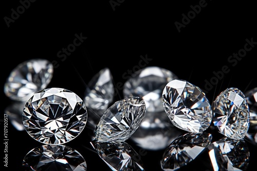 Expensive diamonds, white background, ground reflections, ample space for text