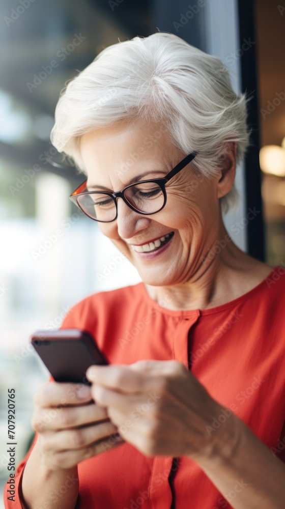 A senior woman looking at the smartphone and laughing closeup. A senior woman looking at the smartphone and laughing closeup.