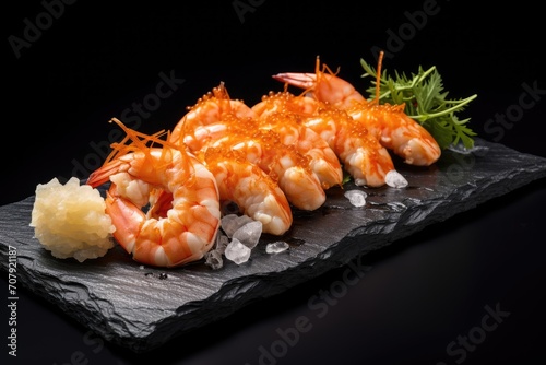 Sushi and shrimp with garlic, served on black plate.