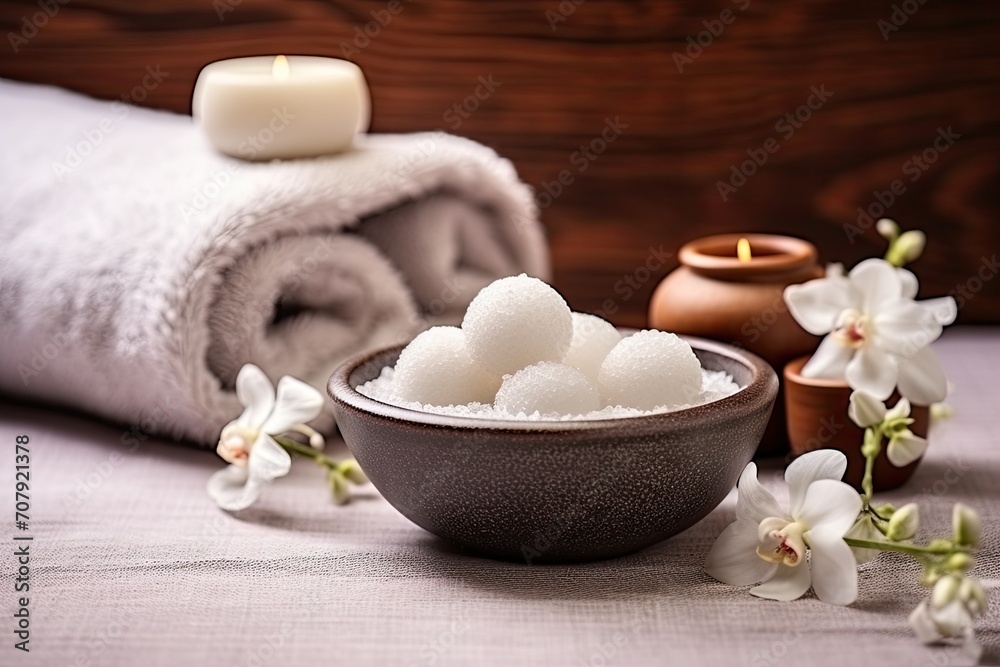 Thai spa massage compressing balls and salt spa objects on textile background, representing the concept of wellness and relaxation.