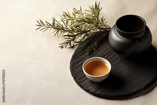 Minimalist tea ceremony with black puer tea on beige background, traditional drinking with space for text.