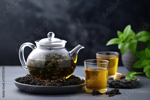 Empty surface with teapot and cup of Tie Guan Yin oolong, suitable for adding text.
