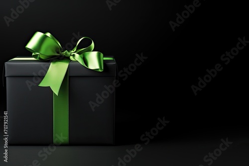 Top-down image of black gift box with green ribbon on isolated black background with blank area.