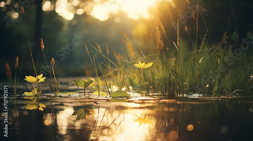 Golden Hour Serenity with Pond Reflections in Nature