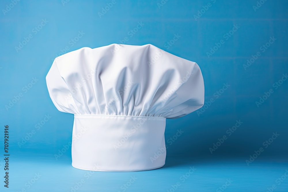Professional cooking concept with a white chef hat on a blue background and space for text Professional cooking concept with a white chef hat on a blue background and space for text