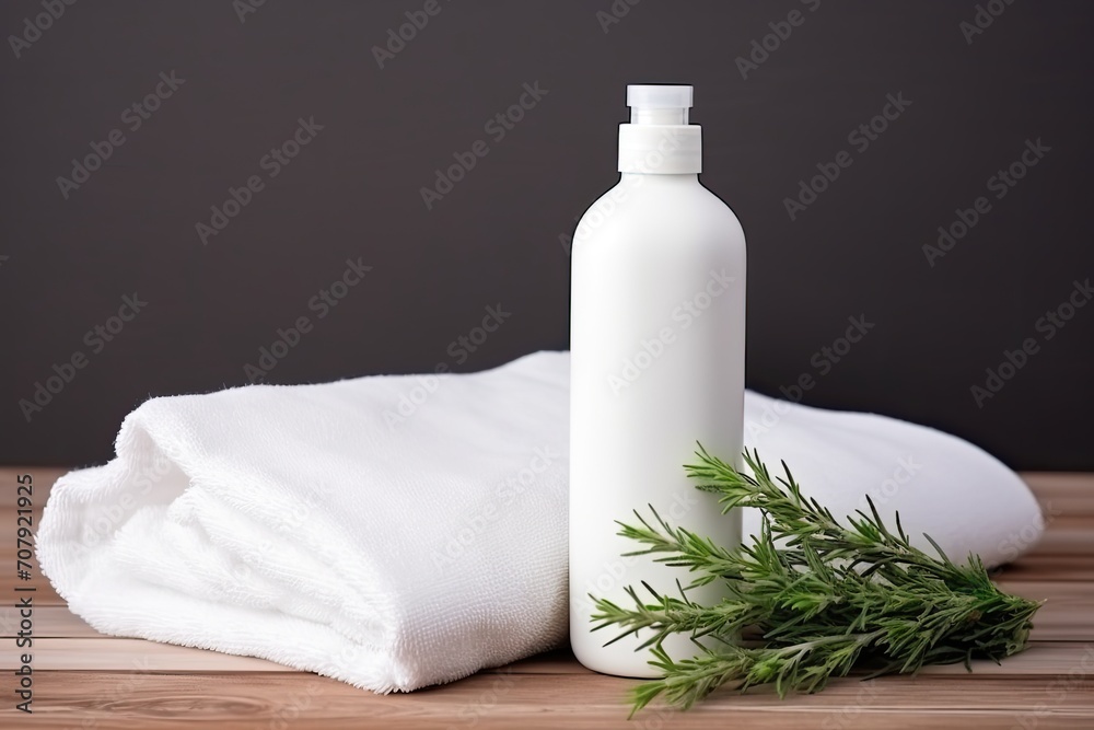 Cosmetics bottle mockup with towels and rosemary on wooden table. Cosmetics bottle mockup with towels and rosemary on wooden table.