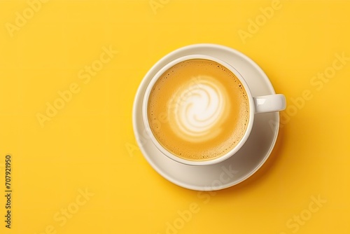 Minimal trendy concept with white coffee cup, milk pattern, and yellow background in sunlight.