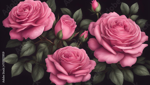 Beautiful pink roses and green leaves on dark background.