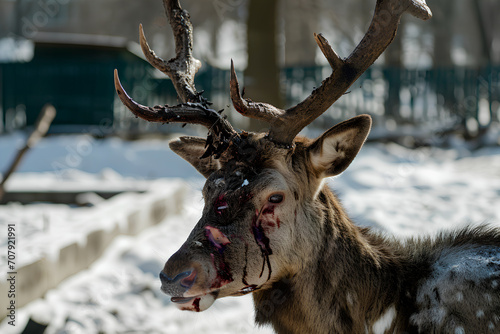 The concept of a deer infected with a zombie virus. Zombie virus pandemic