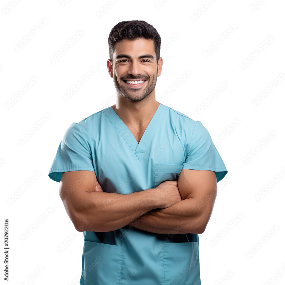 Front view of an extremely handsome Latin male model dressed as a Nurse smiling with arms folded, isolated on a white transparent background Front view of an extremely handsome Latin male model dressed as a Nurse smiling with arms folded, isolated on a white transparent background