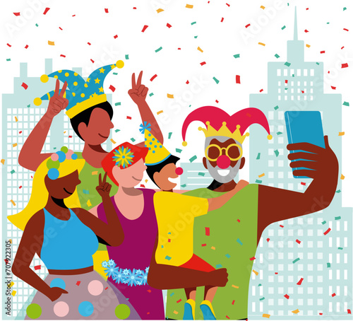 Carnival in Brazil, San Paulo - Family of Costumed Revelers Taking a Selfie Against the City Skyline