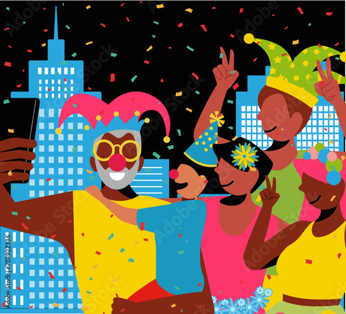 Carnival in Brazil, San Paulo - Family of Costumed Revelers Taking a Selfie Against the City Skyline