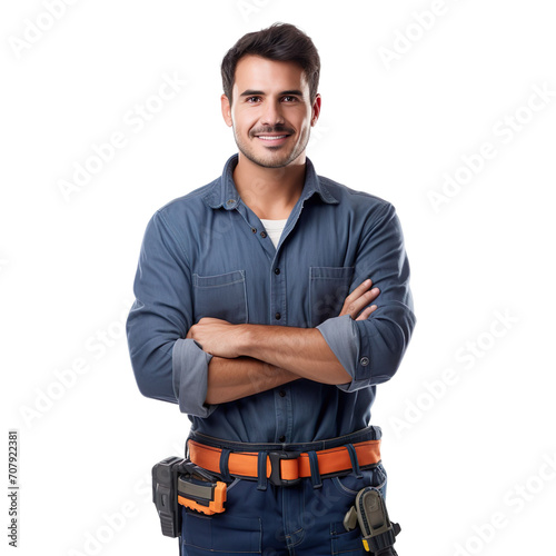 Front view of an extremely handsome Latin male model dressed as a Electrician smiling with arms folded, isolated on a white transparent background
