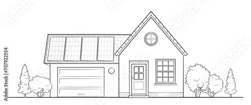 Modern family house with solar panel - stock outline illustration of a building
