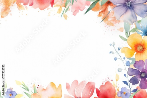Spring may flower banner with watercolor painted frame of decorative ornament blossom patterns over white background symbolized beauty femininity mockup, may, colorful mother's day copy space for text photo