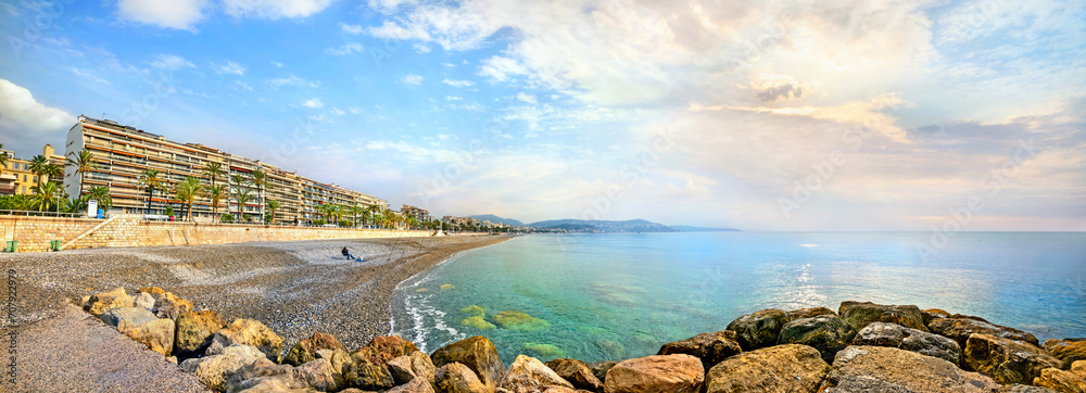 Panoramic landscape with coastline along Promenade des Anglais in Nice. Cote d'Azur, French riviera, France