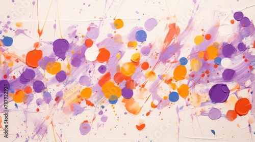 vibrant abstract acrylic paint splatter and dots artwork, vivid orange and purple tones on canvas for modern interior design and deco