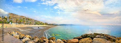 Panoramic landscape with coastline along Promenade des Anglais in Nice. Cote d'Azur, French riviera, France
