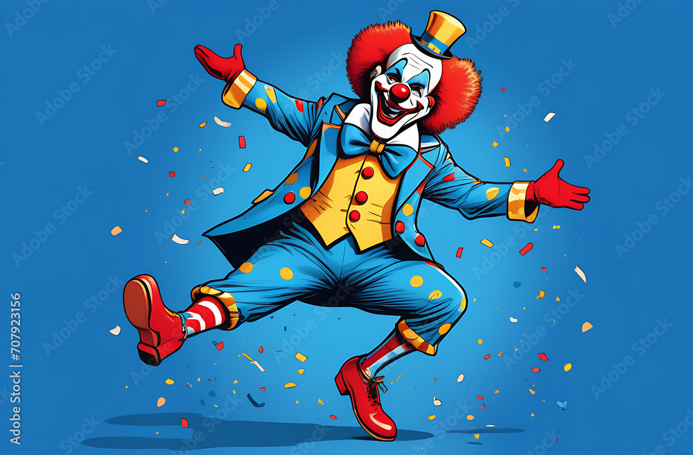 Naklejka premium A cheerful clown on a blue background stands on one leg, with confetti scattered around. April Fool's Day Concept