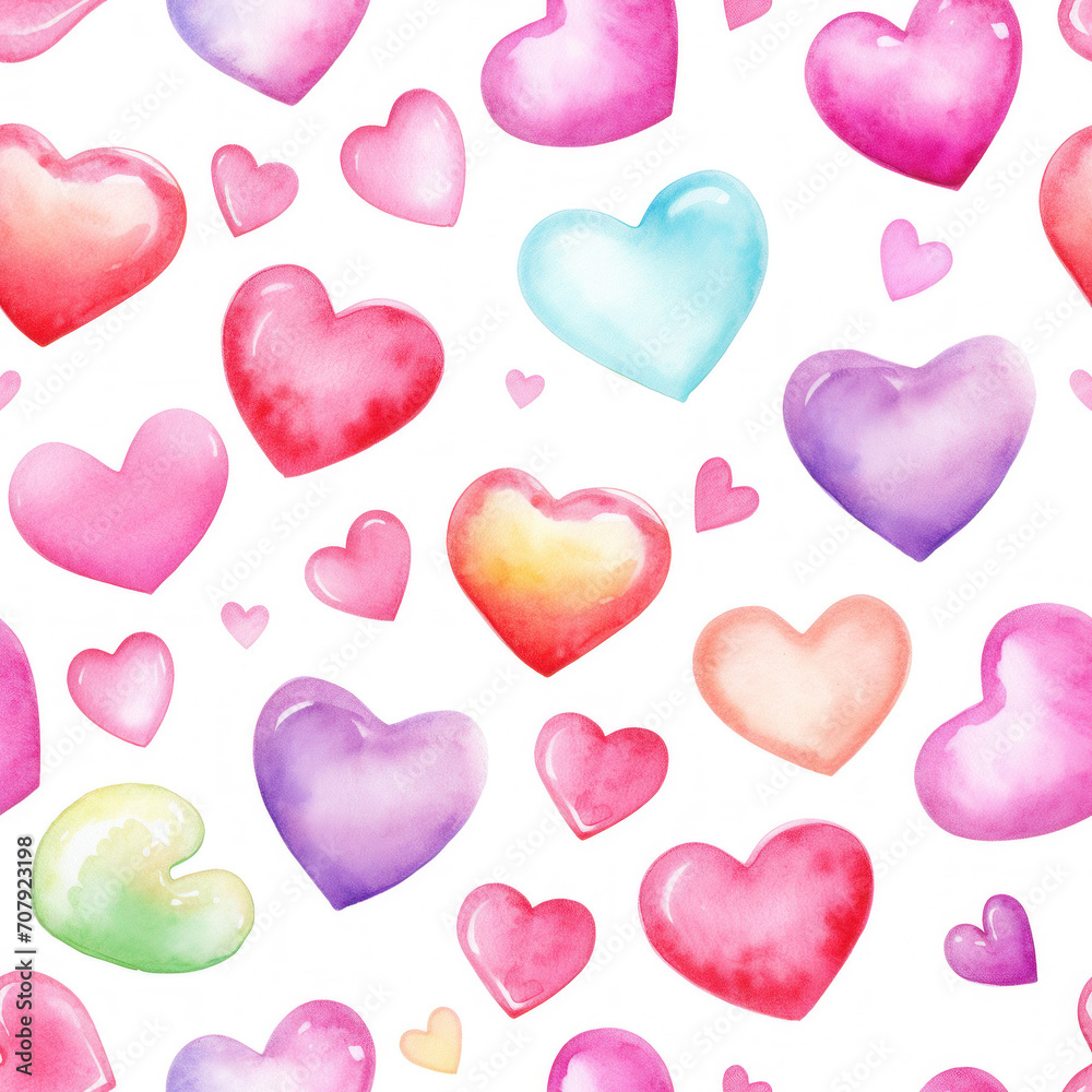 Seamless background in watercolor style: pink red hearts on a white background, for Valentine's day and other holidays