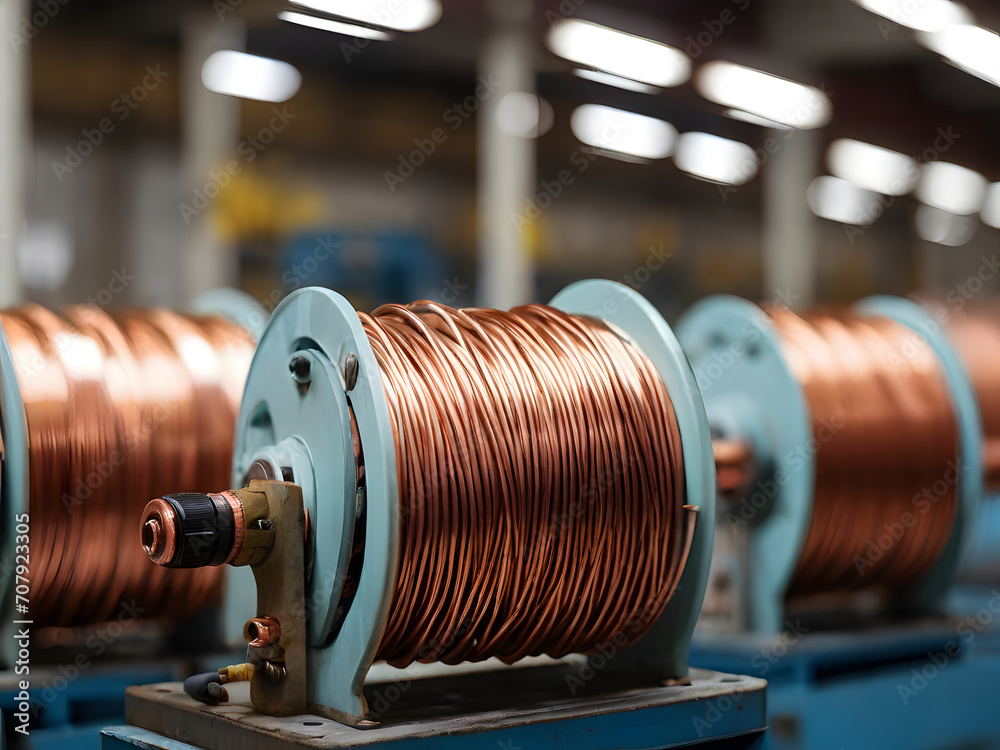 Rotating reels with copper wire on them in factory close up