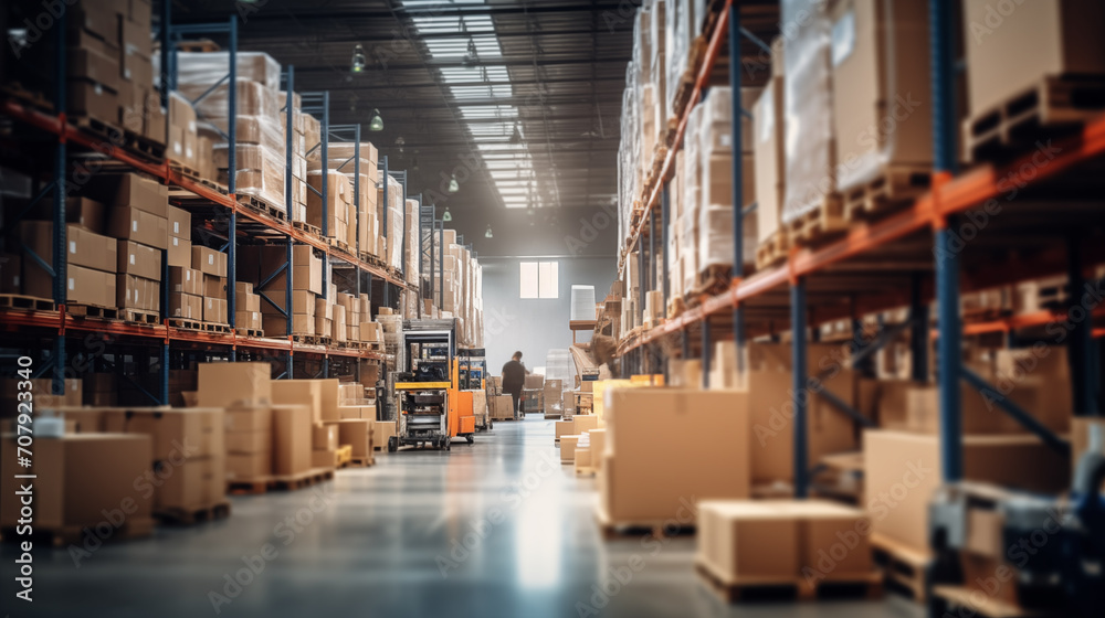 Dynamic Warehouse Scene with Forklift and Shelves of Boxes
