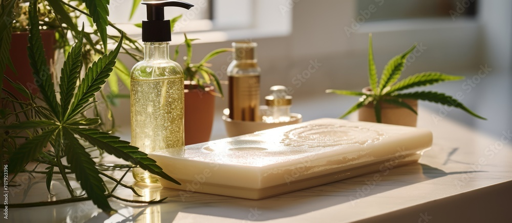 Φωτογραφία Close-up of organic skincare and CBD cosmetics with green cannabis leaves on tray in bathroom