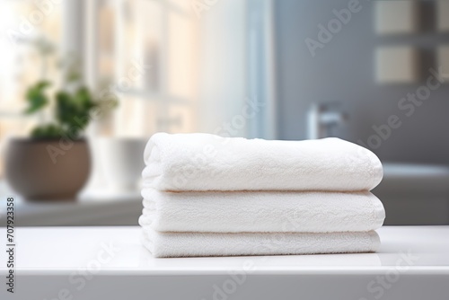 White towels on white table against blurry bathroom background. Ideal for showcasing products.