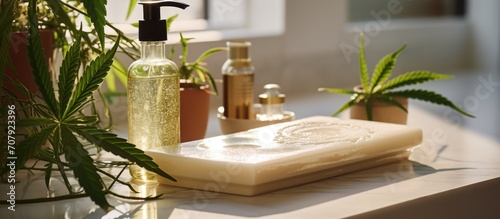 Close-up of organic skincare and CBD cosmetics with green cannabis leaves on tray in bathroom.