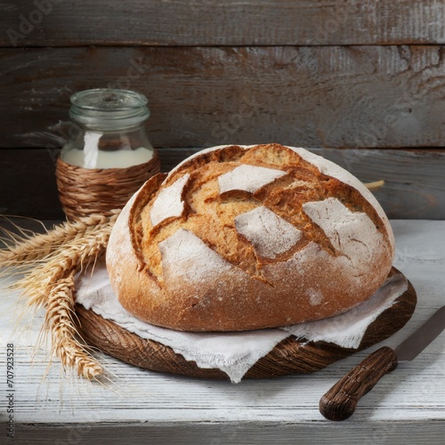 Cozy Homestead: Artisan Bread Loaf Set on a Warm Wooden Table