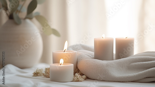 Spa Ambiance with Candles and Fluffy Towel for Luxury Organic Cosmetic, Skincare, Beauty Treatment Product Background 3D