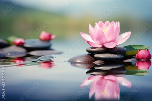 Zen and meditation represented by lotus flower and stones on water  with space for text.