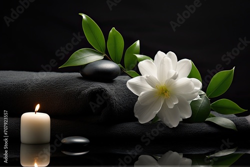 Zen lifestyle represented by Spa ball, candle, green leaves, white gardenia, black stones, and towel on wet background.