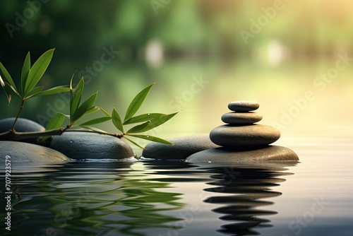 Zen stones and bamboo floating on the water.