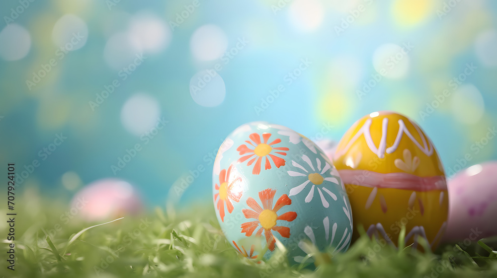 Vibrant Hand-Painted Easter Eggs on Fresh Green Grass with Bokeh Background Vibrant Hand-Painted Easter Eggs on Fresh Green Grass with Bokeh Background