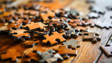 Scattered Puzzle Pieces with One Standing Out on Wooden Surface