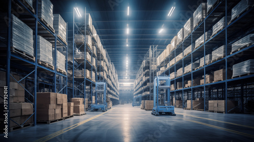 Modern Warehouse Interior with Automated Pallet Delivery System, Industrial Storage, Logistics, and Distribution Center Background,Smart warehouse,warehouse technology