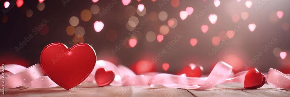Valentine's Day banner with red hearts on blurred background. Panoramic web header. Wide screen wallpaper. Valentine's Day banner with red hearts on blurred background. Panoramic web header. Wide screen wallpaper.