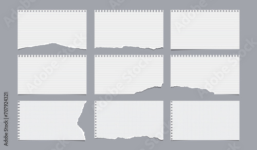 Set of torn, ripped paper strips, lined, math notebook sheets with hard shadow are on grey background for text, notes, ad.