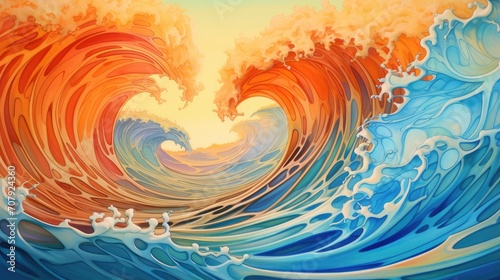 surreal ocean waves in vivid orange and blue hues, artistic abstract sea concept for wall art and graphic design, high-resolution image