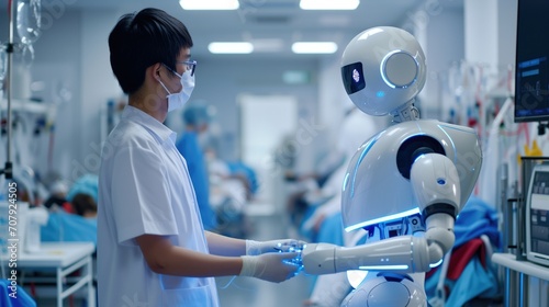 In a bustling hospital setting, a healthcare worker interacts with an advanced robot assistant designed to support medical tasks