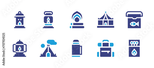 Camping icon set. Duotone color. Vector illustration. Containing backpack, tent, lantern, portable fridge, bonfire, oil lamp, fire lamp, matches, thermos. photo
