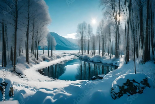 winter landscape with forest and river © AI artistic beauty