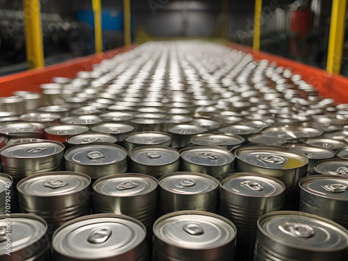 Sealed tin cans are piling up on the conveyor