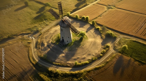 An old windmill in the Europa fields from above.