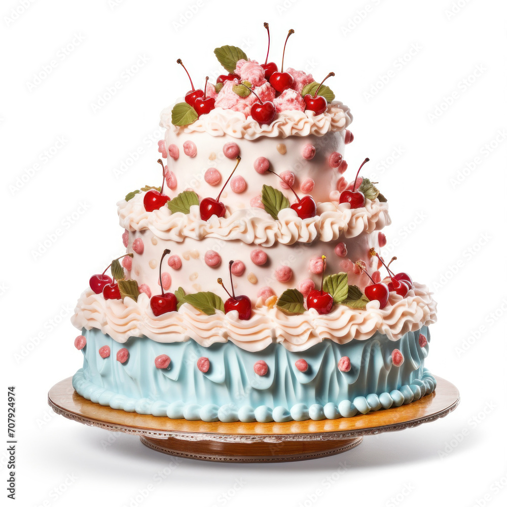 Sweet Dessert Pastry: Retro vintage cake Lambeth style decor with ruffle flowers and cherry on isolated white background