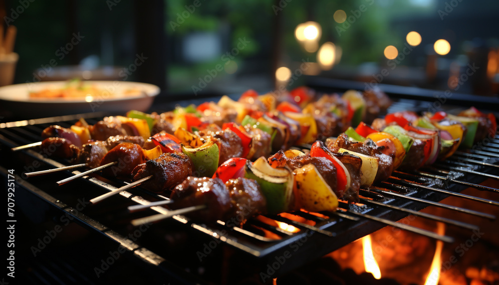 Grilled barbecue meat on coal, flame cooking, freshness outdoors generated by AI