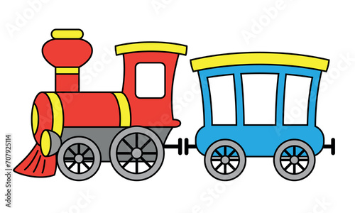 steam train - color cartoon vector illustration of steam locomotive and passenger railroad car, isolated on white